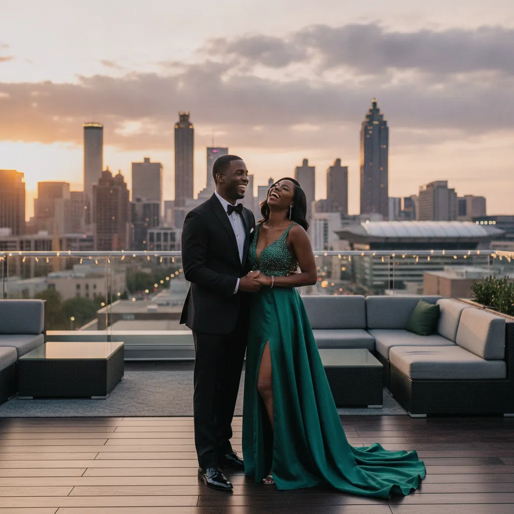 An elegant African American couple, dressed in formal attire, laughing joyfully on a sophisticated rooftop event venue in Atlanta at sunset