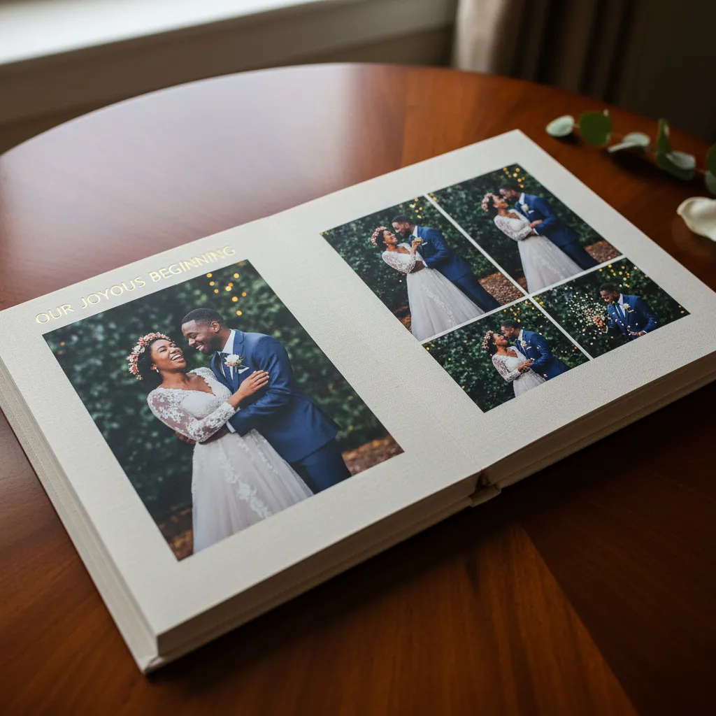 Open wedding album featuring high-quality photographs of an African American couple's joyful wedding day