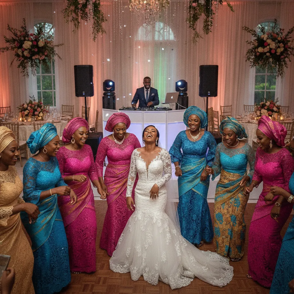 An African American wedding party, including a bride in a stunning gown and bridesmaids in colorful aso-ebi attire, laughing and dancing joyfully at a vibrant reception