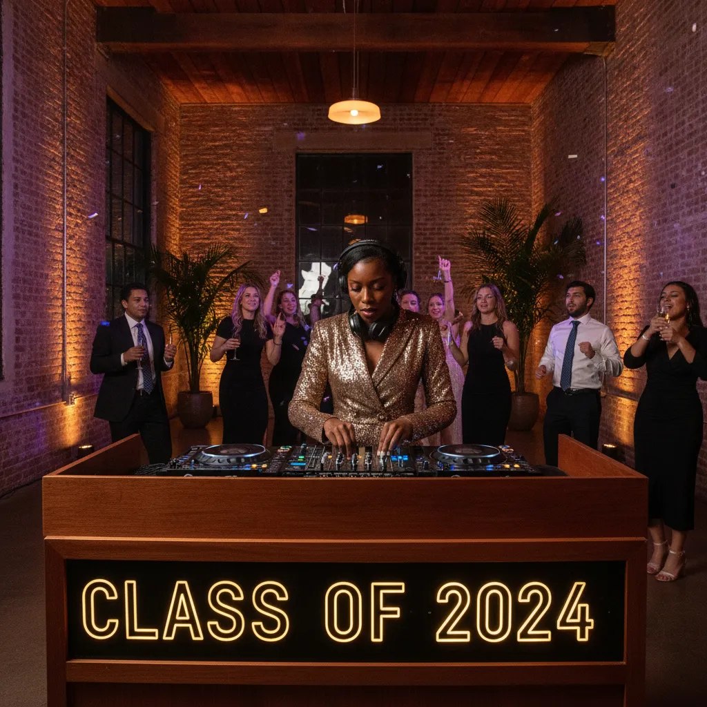 A Black female DJ skillfully mixing tracks on turntables at an elegant indoor graduation party in a renovated Atlanta loft space
