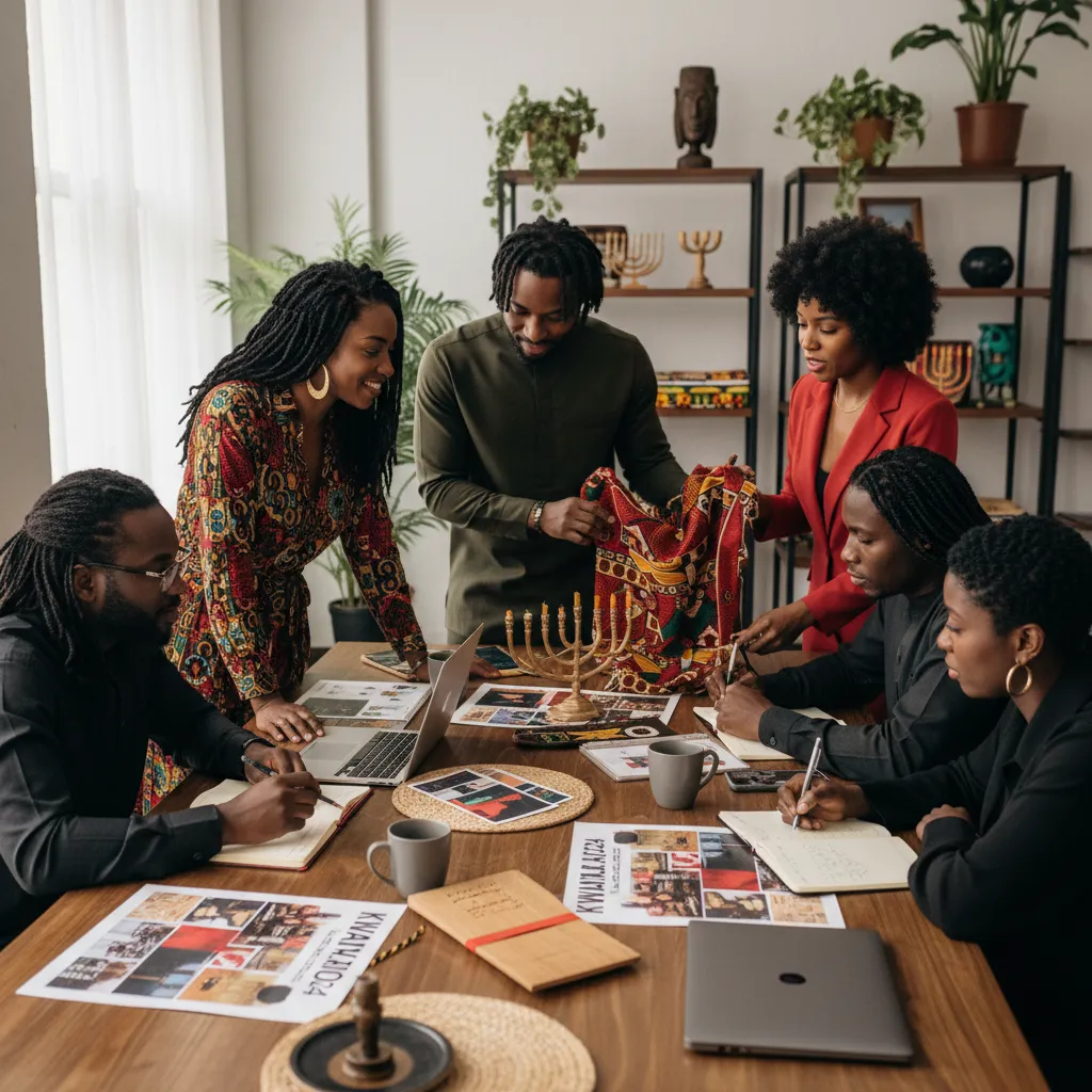 A diverse group of Black event planners and vendors collaborating around a large table