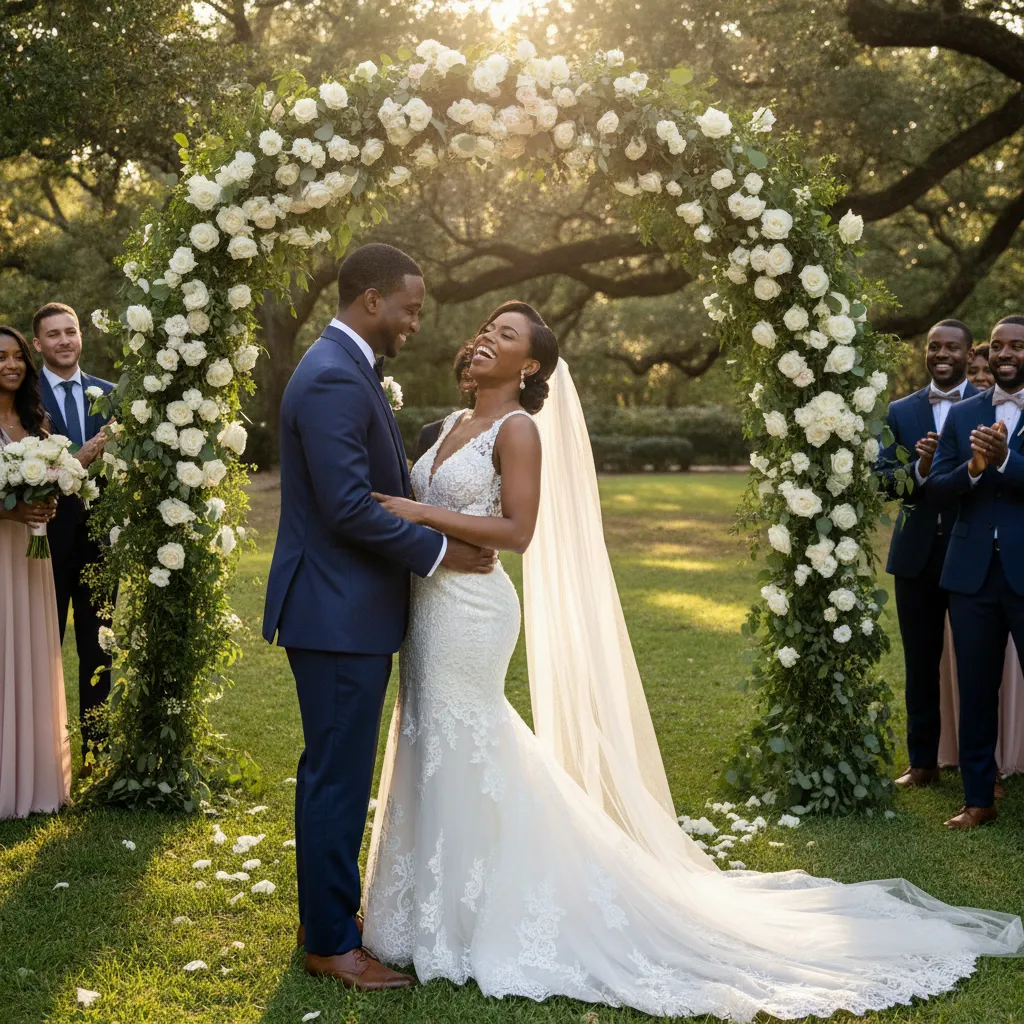 A radiant African American bride in a traditional white lace gown, laughing joyfully with her groom in a sharp suit, standing under a blooming archway at an outdoor wedding venue in Atlanta