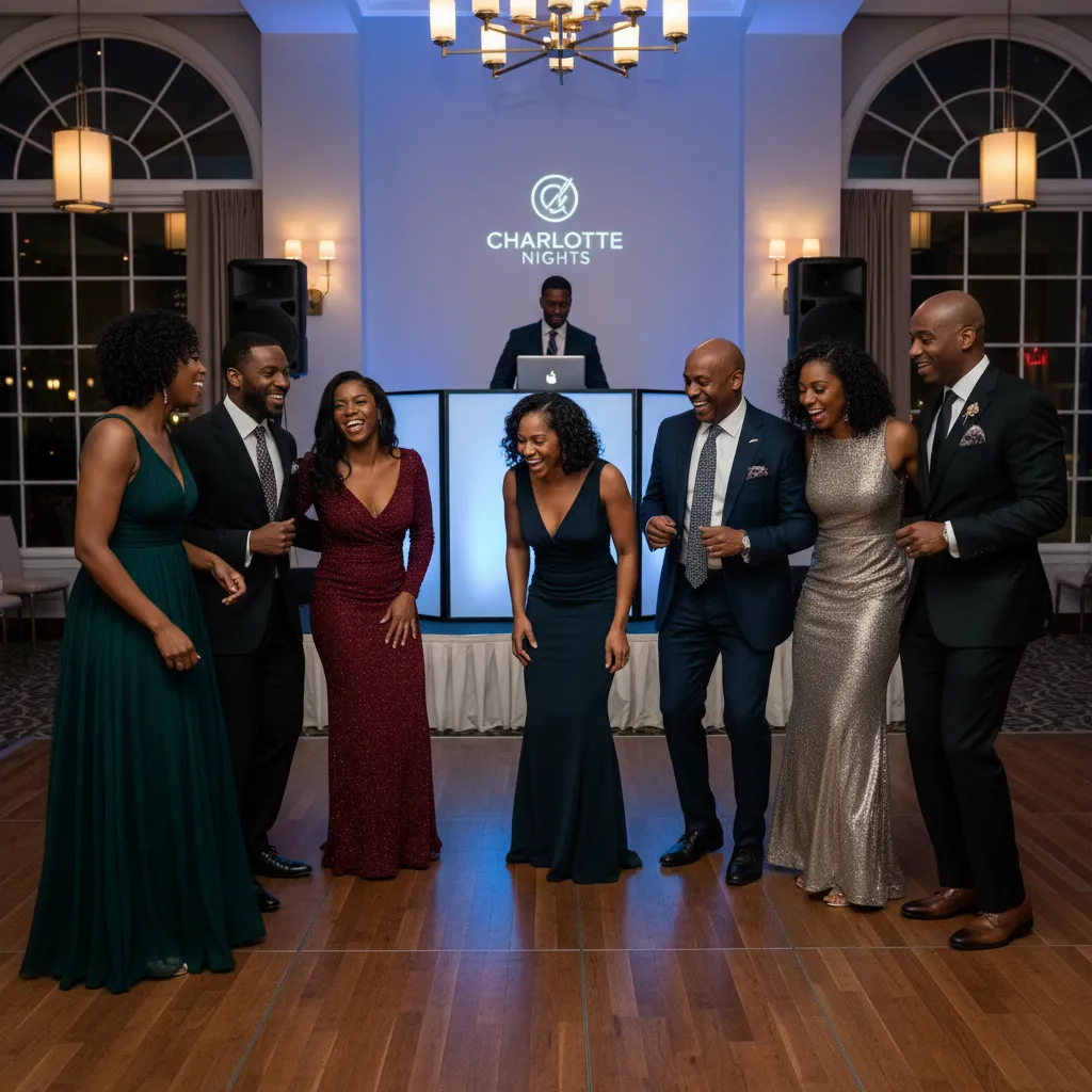 A group of elegantly dressed Black women and men in their 30s-40s laughing and dancing together on a well-lit dance floor at a