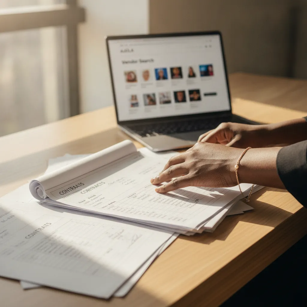 Wearing a delicate bracelet, meticulously organizing a stack of vendor contracts and a detailed event timeline on a clean, modern desk