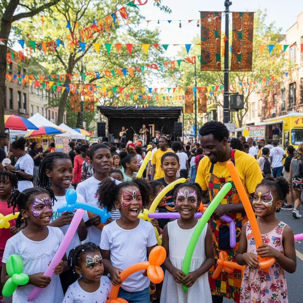 A diverse group of joyful African American children at a vibrant outdoor festival in Harlem