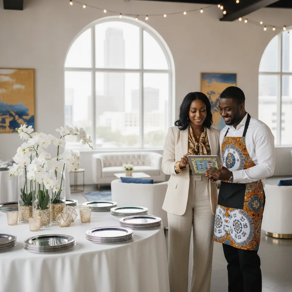 A professional Black female event planner in Atlanta, dressed in business casual attire