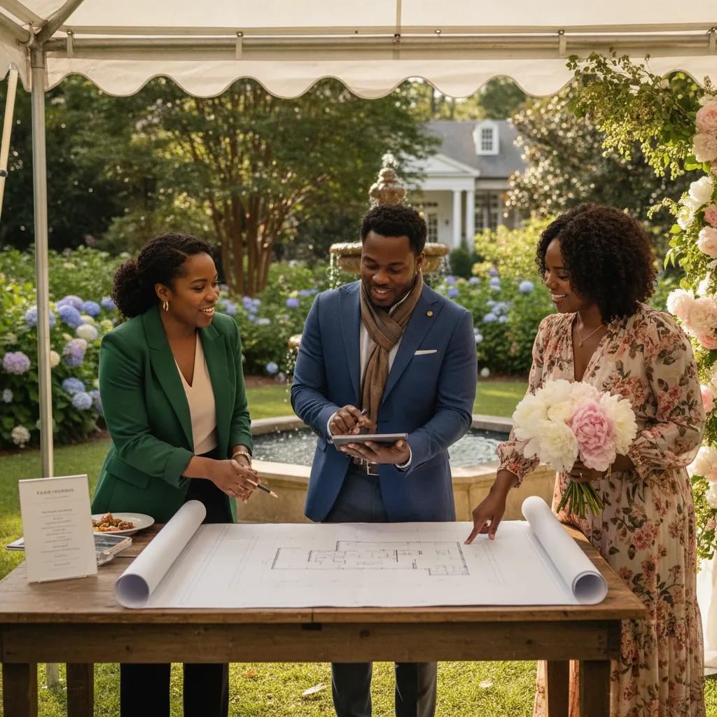 A diverse group of Black event vendors, including a caterer, a florist, and an event planner, are reviewing a blueprint and discussing logistics at an outdoor garden venue in Atlanta