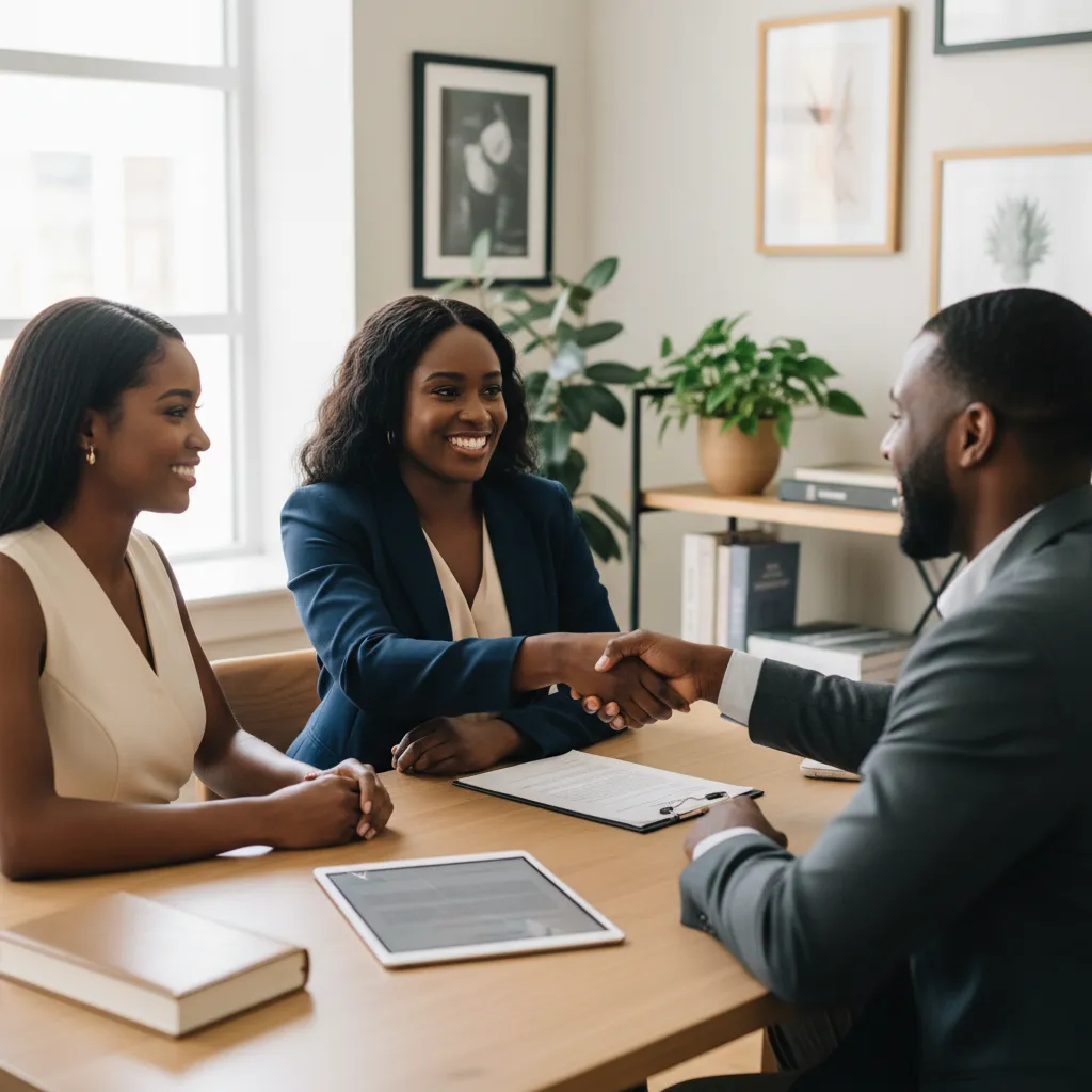 A Black female event planner, dressed professionally, is smiling and shaking hands with a Black couple who are clients