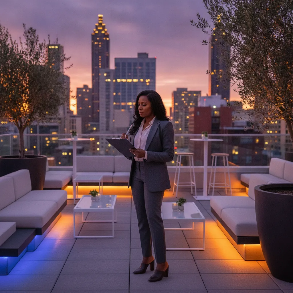 A stylish African American event planner, dressed professionally, is reviewing a clipboard while standing on a modern rooftop event space in downtown Atlanta at dusk