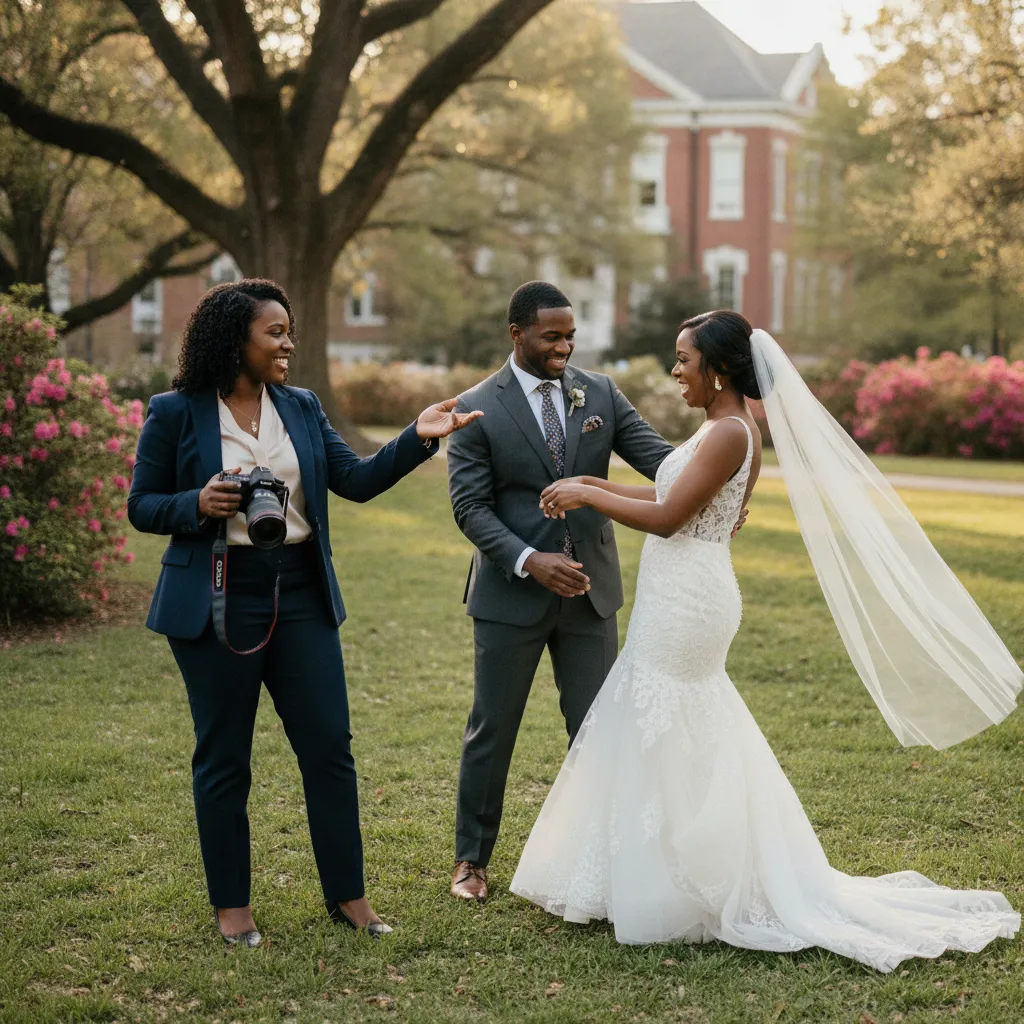 A Black wedding photographer, dressed professionally