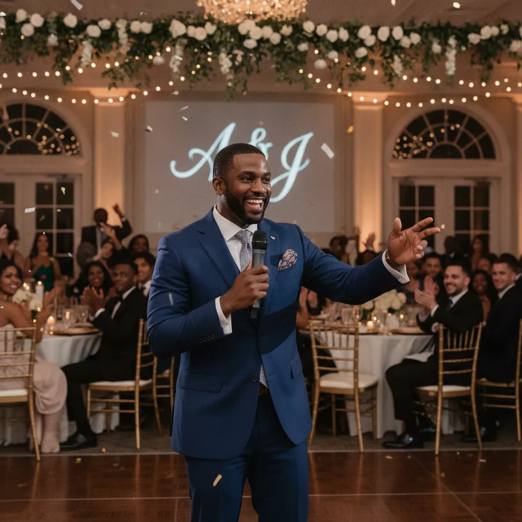 An energetic African American male MC, dressed in a stylish tailored suit