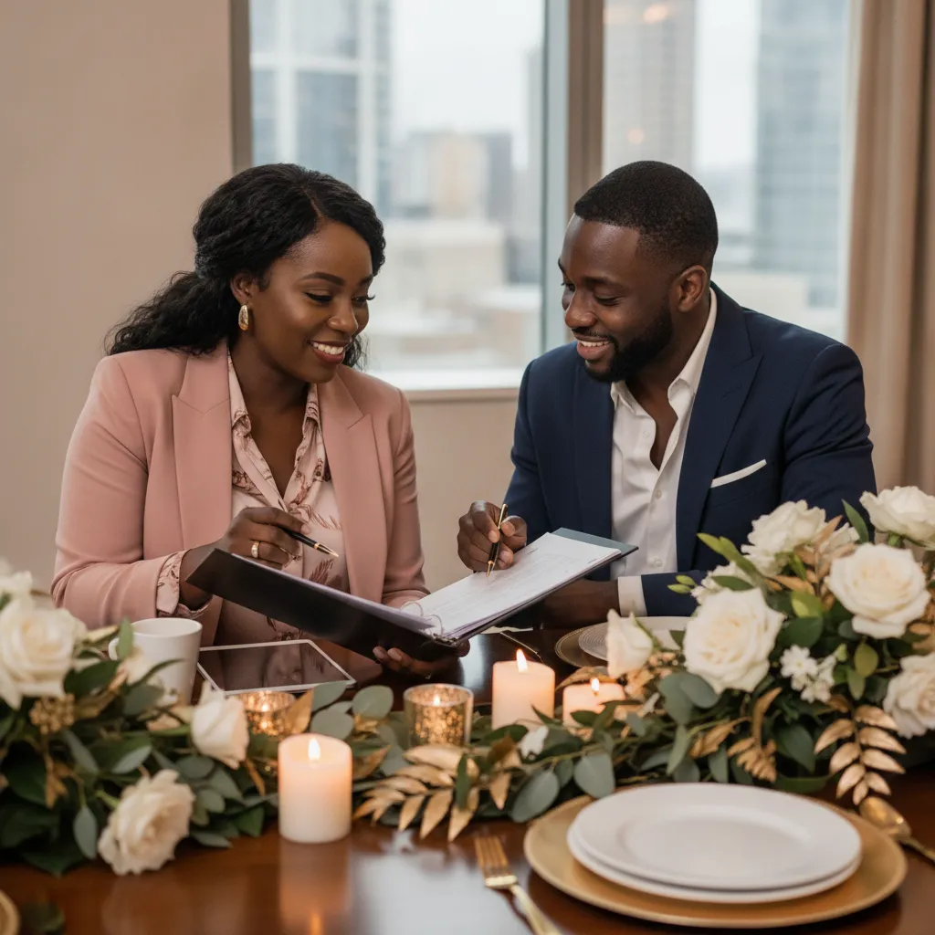 A Black event planner sits at a beautifully decorated table, meticulously reviewing a contract with a Black band leader, both smiling and nodding in agreement