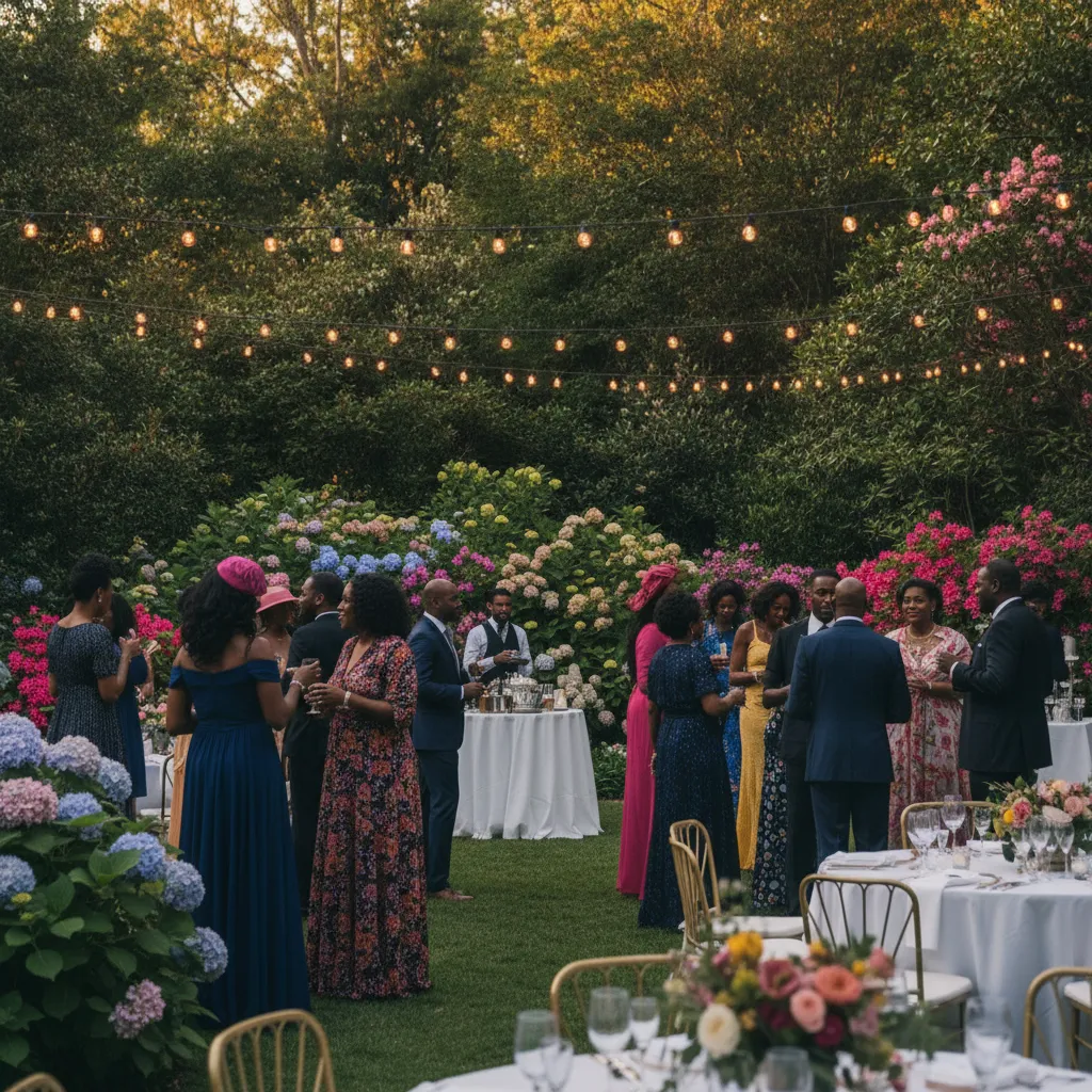 A vibrant outdoor wedding reception in a lush Atlanta garden during spring