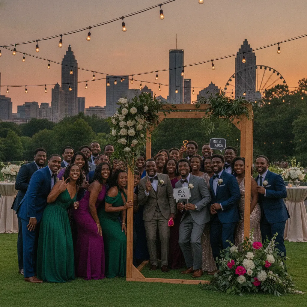 A vibrant outdoor wedding reception in Atlanta's Piedmont Park, with a diverse group of African American guests, dressed in elegant formal wear, posing happily around an open-air photo booth