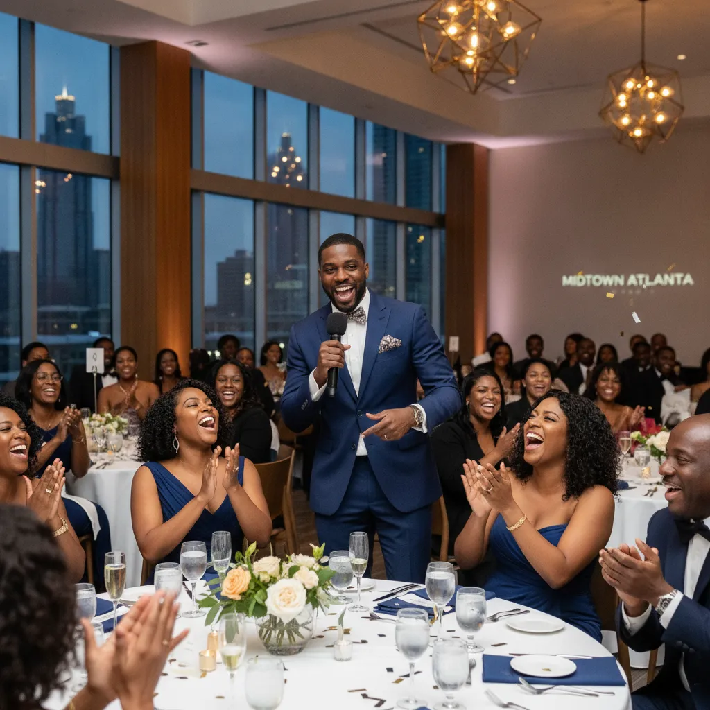 A group of African American guests laughing and clapping as a charismatic Black male MC, dressed in a stylish suit. The atmosphere is joyful and engaging