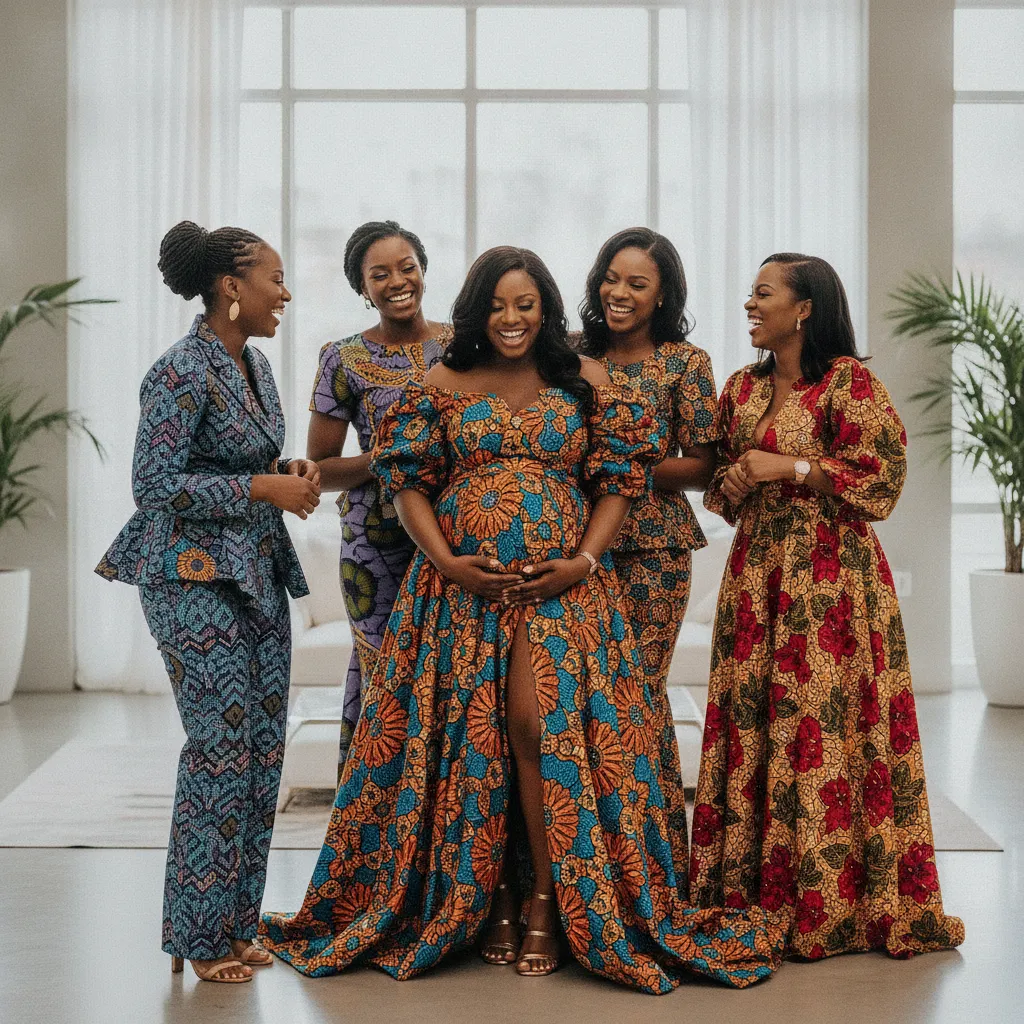 A Black woman, visibly pregnant, joyfully stands in a beautifully tailored, vibrant Ankara print dress, her hands gently cradling her baby bump