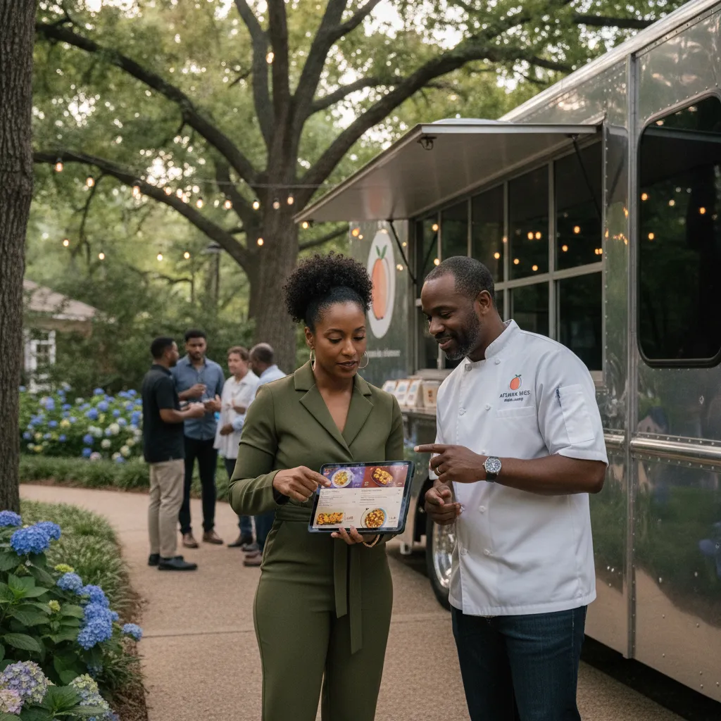 A Black event planner, mid-30s, is on a tablet, coordinating with a food truck owner, a Black man in his 40s, next to a modern, sleek food truck at an outdoor event venue in a leafy Atlanta suburb