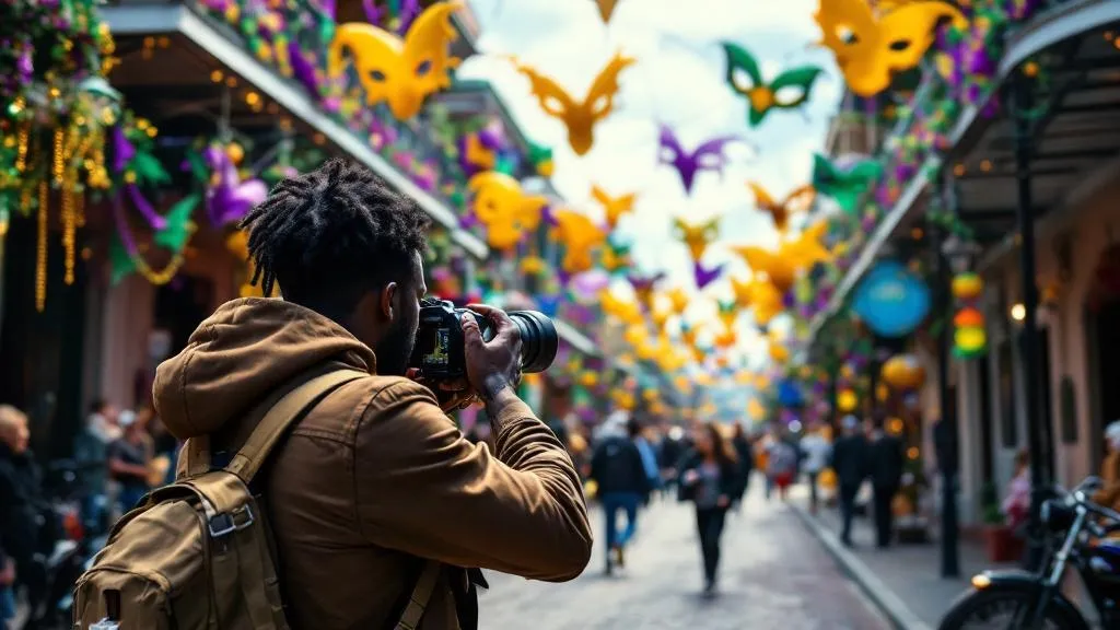 A Black photographer capturing a lively street scene in New Orleans, with vibrant Mardi Gras decorations in the background.