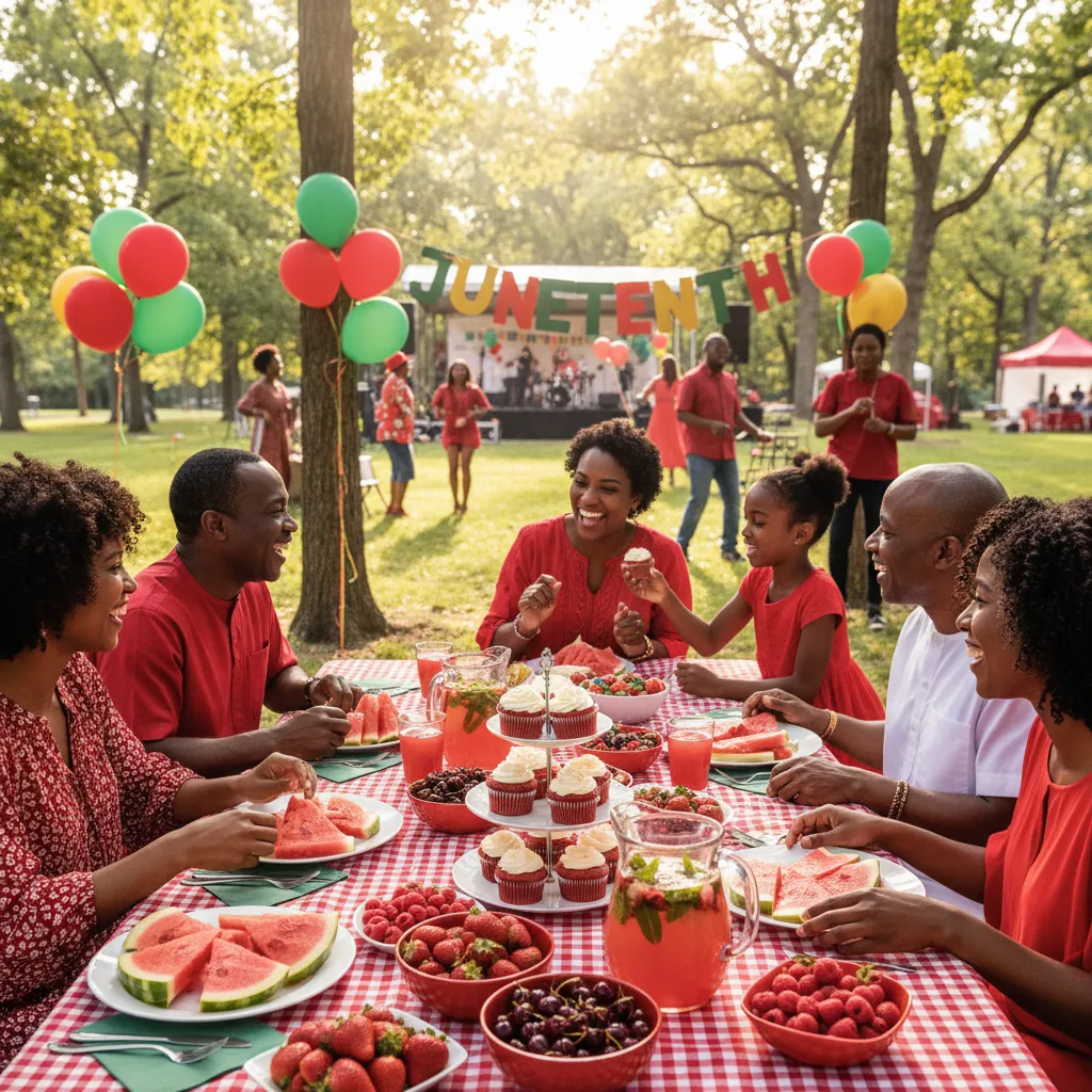 A vibrant outdoor Juneteenth celebration with an African American family gathered around a beautifully set table laden with red foods like