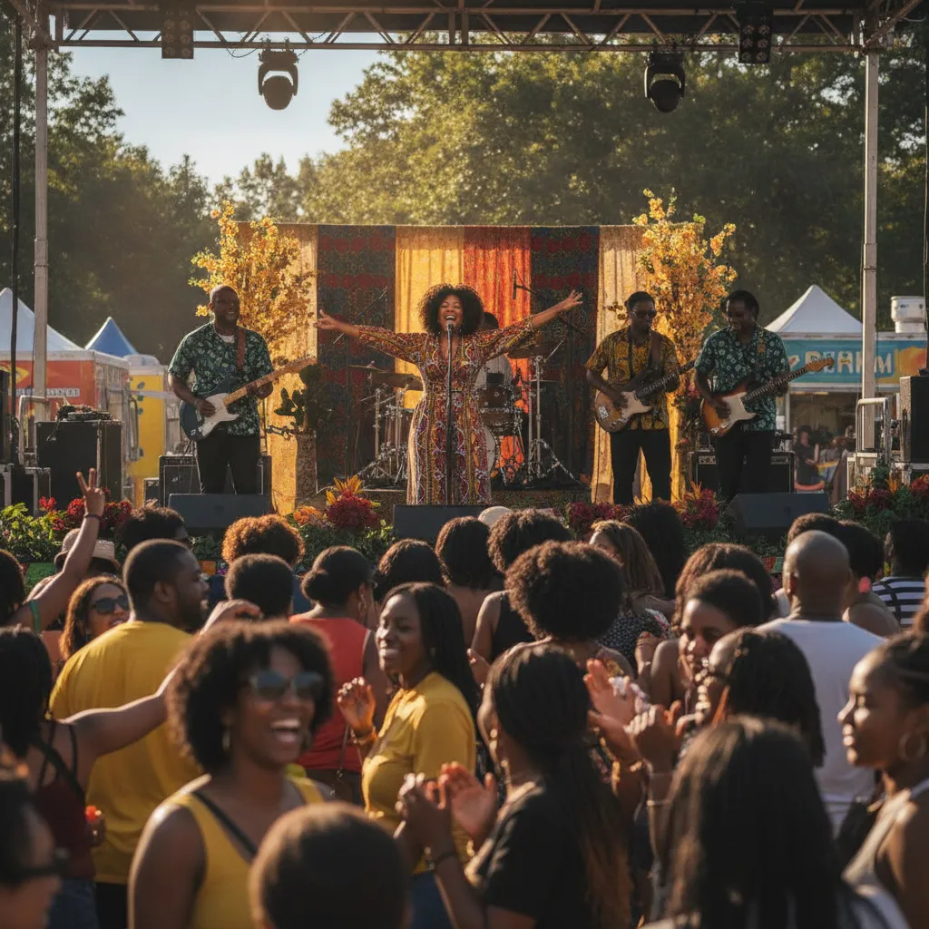 A vibrant, diverse Black live band performs on an outdoor stage at a sunny daytime festival in Atlanta, with joyful African American attendees dancing and clapping in the foreground