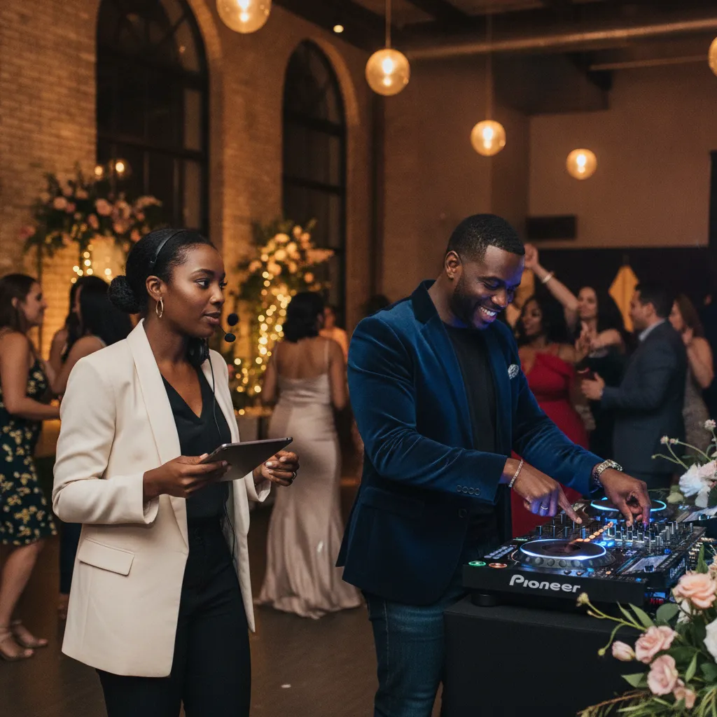 A Black female day-of coordinator, dressed professionally in a blazer, is seen discreetly coordinating with a Black male DJ at a lively wedding reception in a stylish Atlanta venue