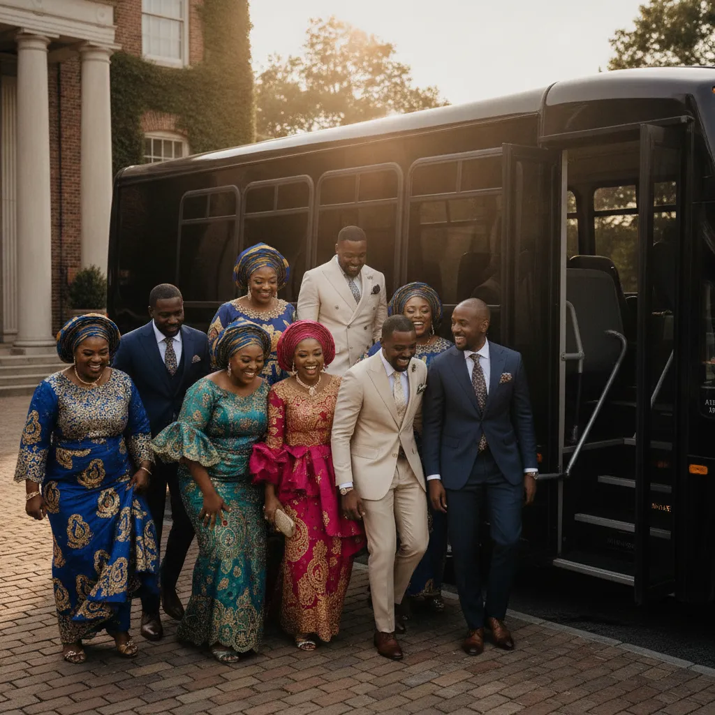 A group of elegantly dressed African American wedding guests, some wearing vibrant aso-ebi, laughing as they board a sleek
