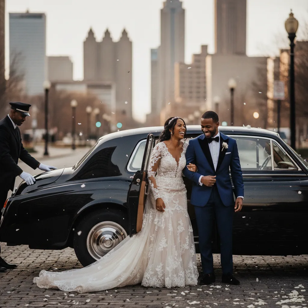 A stylish African American couple, dressed in elegant wedding attire, laughing as they step out of a classic black luxury sedan, chauffeur holding the door