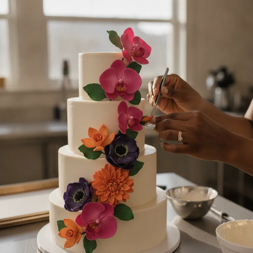 A close-up of a Black woman's hands carefully placing sugar flowers onto a beautifully decorated wedding cake. The setting is a professional, well-lit bakery kitchen