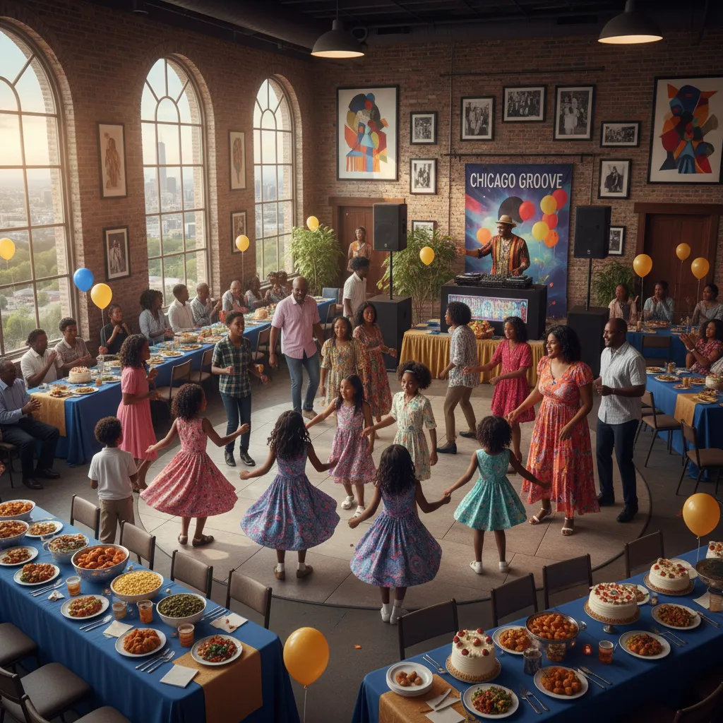 Vibrant scene of an African American family reunion in Chicago, with various generations dancing to a DJ's music in a spacious event hall