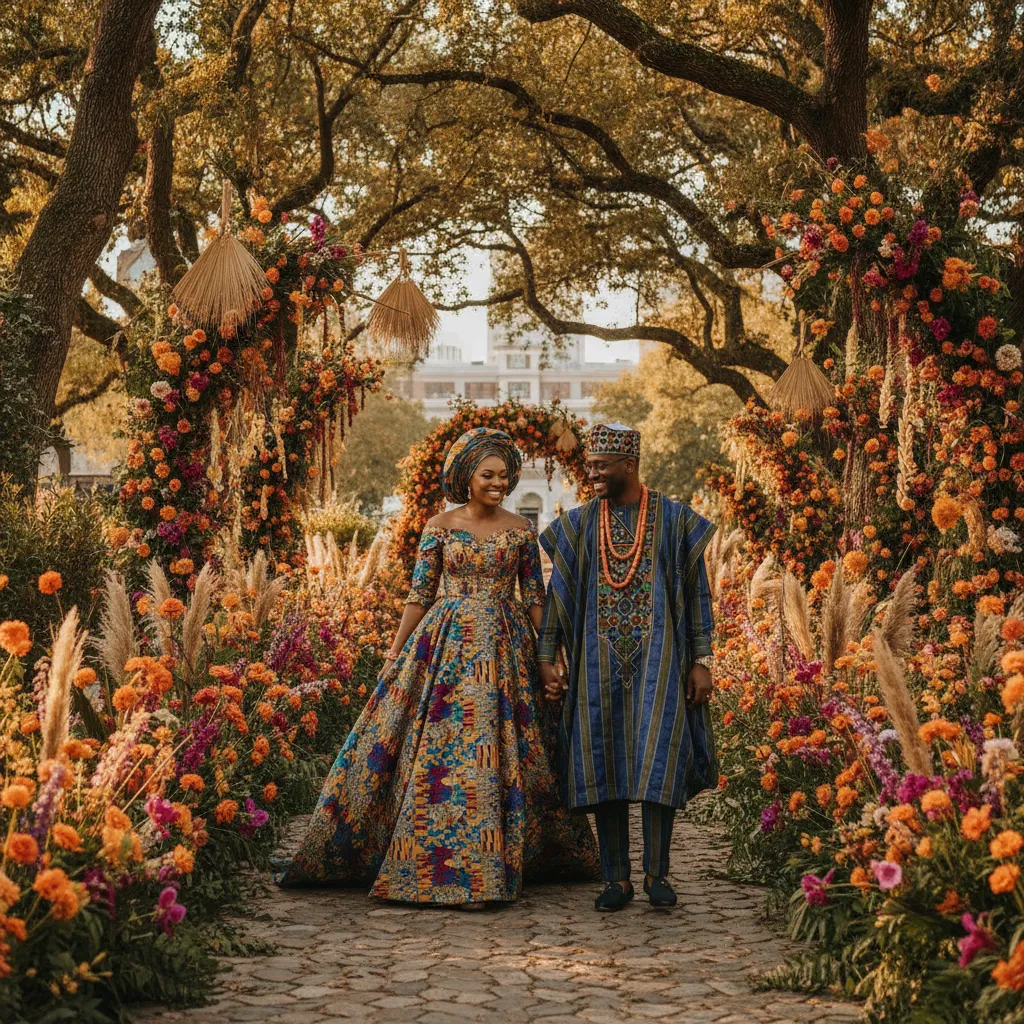 A Black couple in vibrant, traditional West African wedding attire, holding hands and smiling as they walk through a beautifully decorated outdoor venue in Atlanta