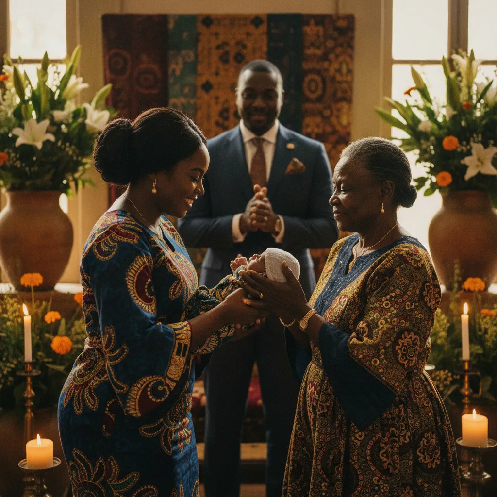 A close-up of a Black mother gently presenting her baby to an elder woman during an African American naming ceremony