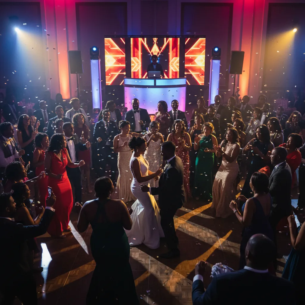 A vibrant wedding reception dance floor filled with African American guests in elegant attire, joyfully dancing to a DJ playing Afrobeats