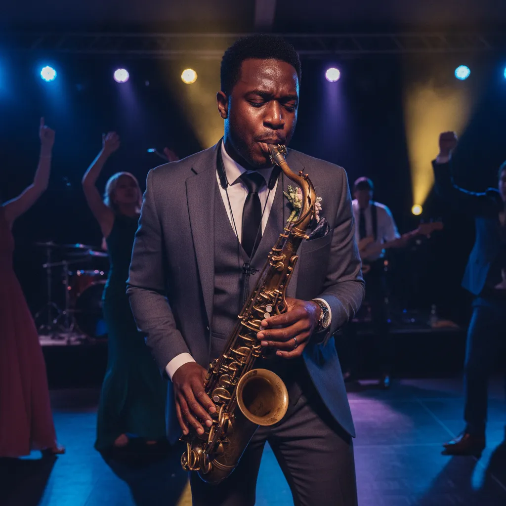 A close-up of a Black male saxophonist passionately playing his instrument on stage at an upscale Atlanta wedding, with vibrant spotlights illuminating him