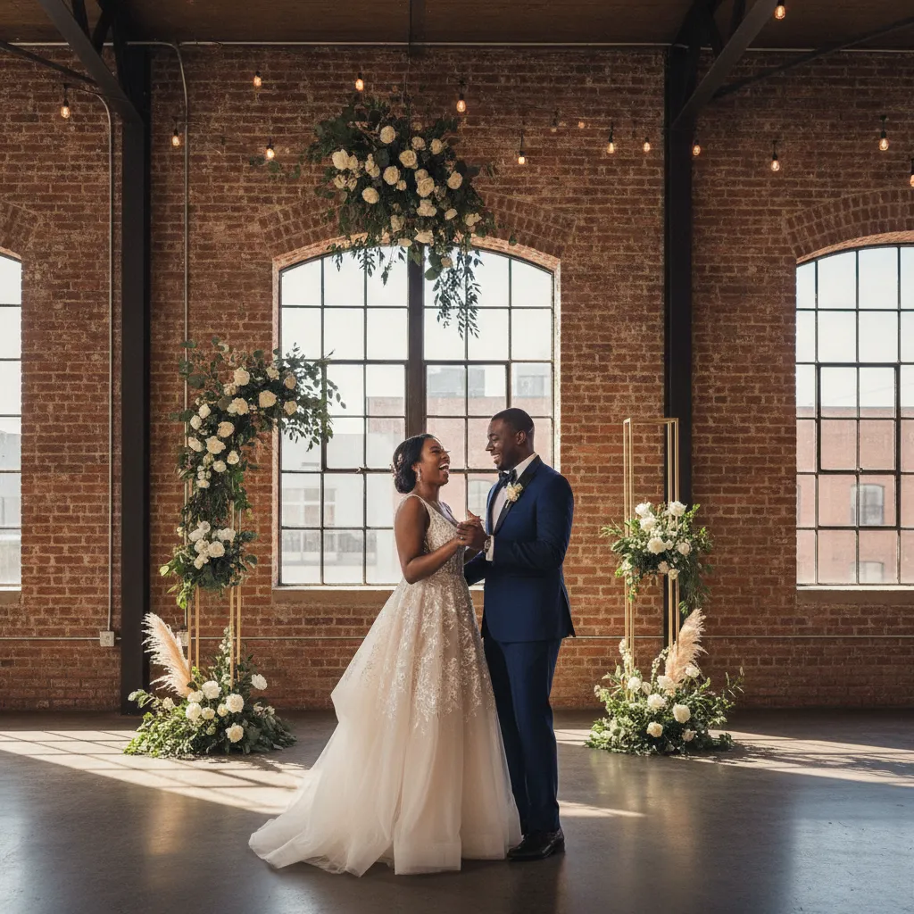 A Black couple, elegantly dressed, laughing joyfully as they dance in a beautifully decorated industrial-chic wedding venue in Atlanta