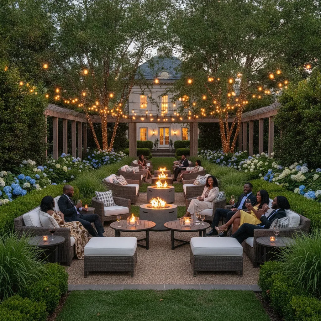 A beautifully arranged outdoor seating area with comfortable lounge furniture, string lights, and small fire pits, set up for an evening event at a luxury garden venue in the Atlanta suburbs