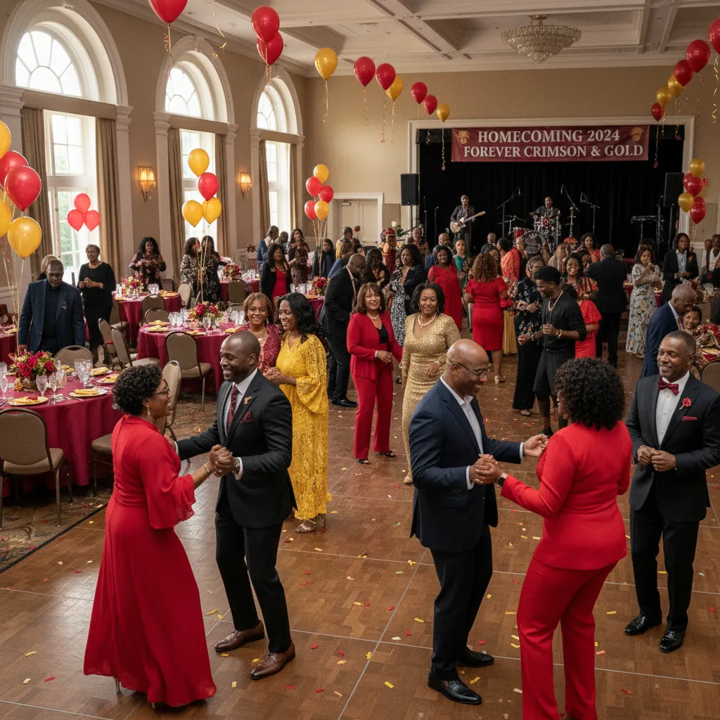 A vibrant HBCU Homecoming party scene with African American alumni laughing and dancing in a beautifully decorated hall