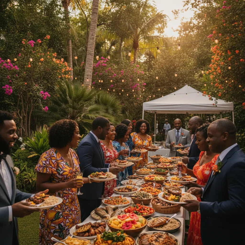 A vibrant outdoor wedding reception in a beautifully decorated garden venue in Atlanta