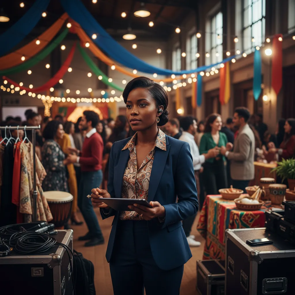 An African American event planner, dressed professionally