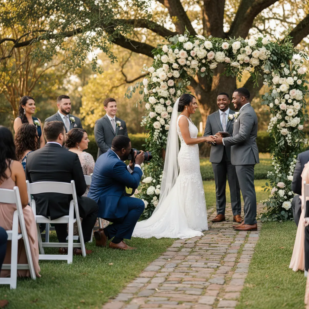 A Black wedding photographer, dressed professionally