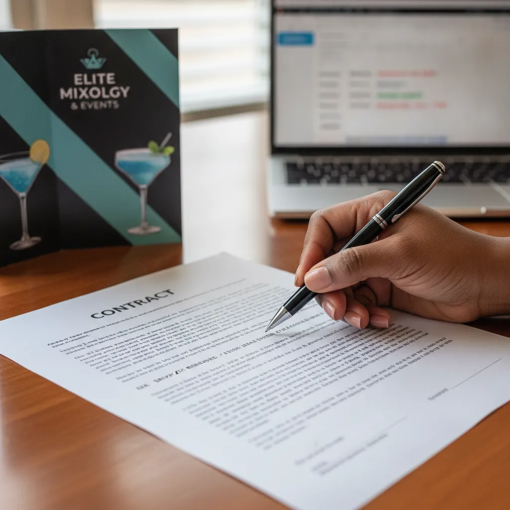A close-up of a contract being reviewed by a Black woman's hand, holding a pen, with a professional bartending service brochure and a laptop showing event planning details in the background