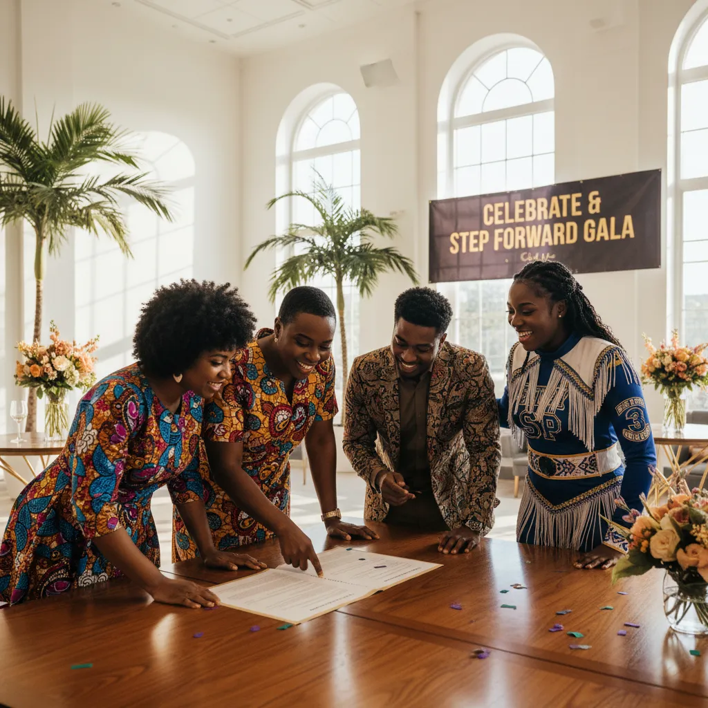 A diverse group of Black event planners and a step team leader discussing performance details in a brightly lit event space, reviewing a contract and smiling.