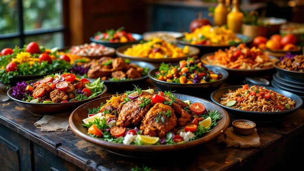 A colorful buffet spread showcasing Afro-Caribbean dishes with vibrant salads and steaming plates of jerk chicken, set in an elegant event space.