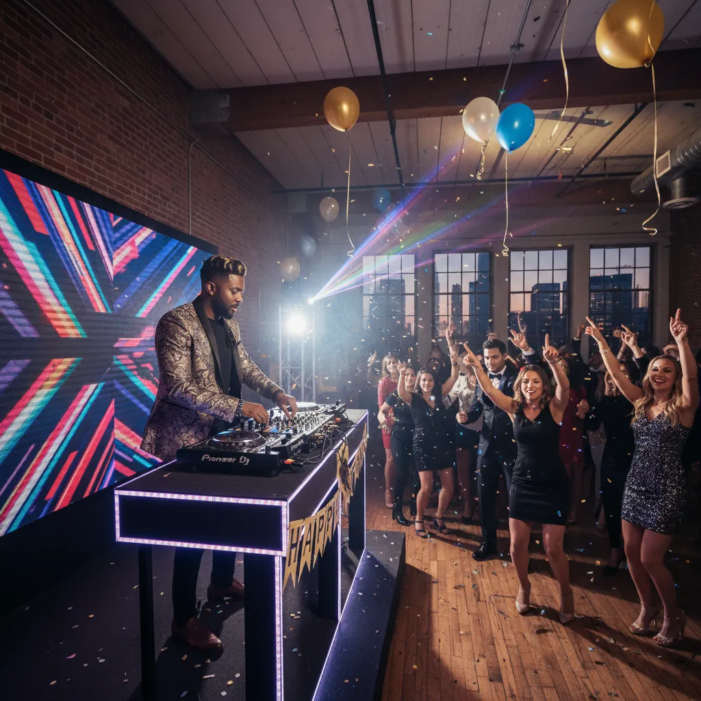 A dynamic Black DJ spinning tracks at a vibrant birthday party in a trendy loft space in Manhattan