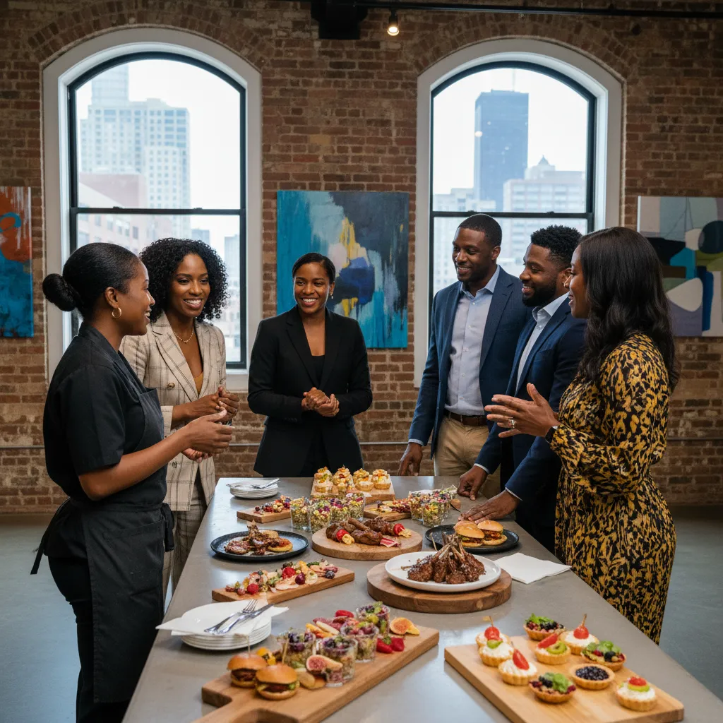 A diverse group of Black event planners and a Black caterer having a friendly