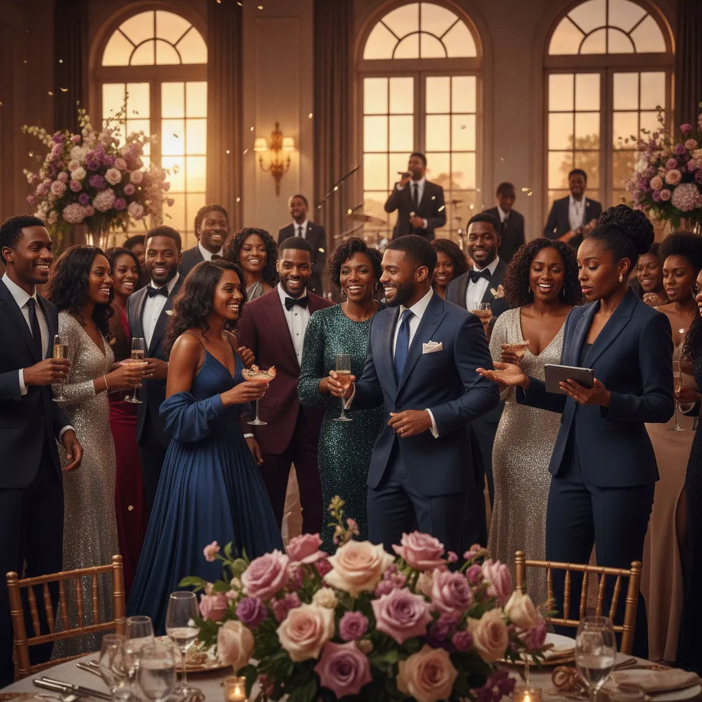A diverse group of African American guests, dressed in elegant attire, enjoying a vibrant wedding reception