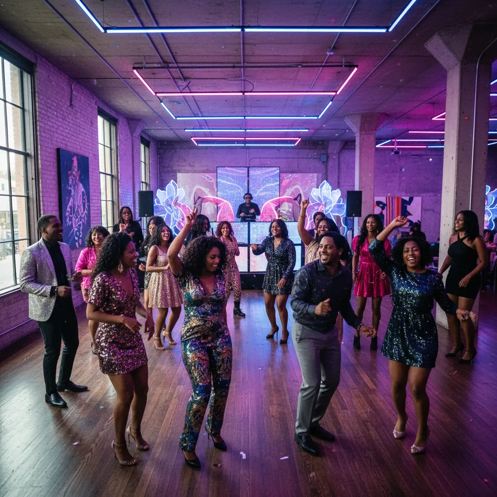 A lively group of African American guests on a dance floor in a chic Dallas event space, moving to the beat of a DJ, with neon lights reflecting off their celebratory attire.