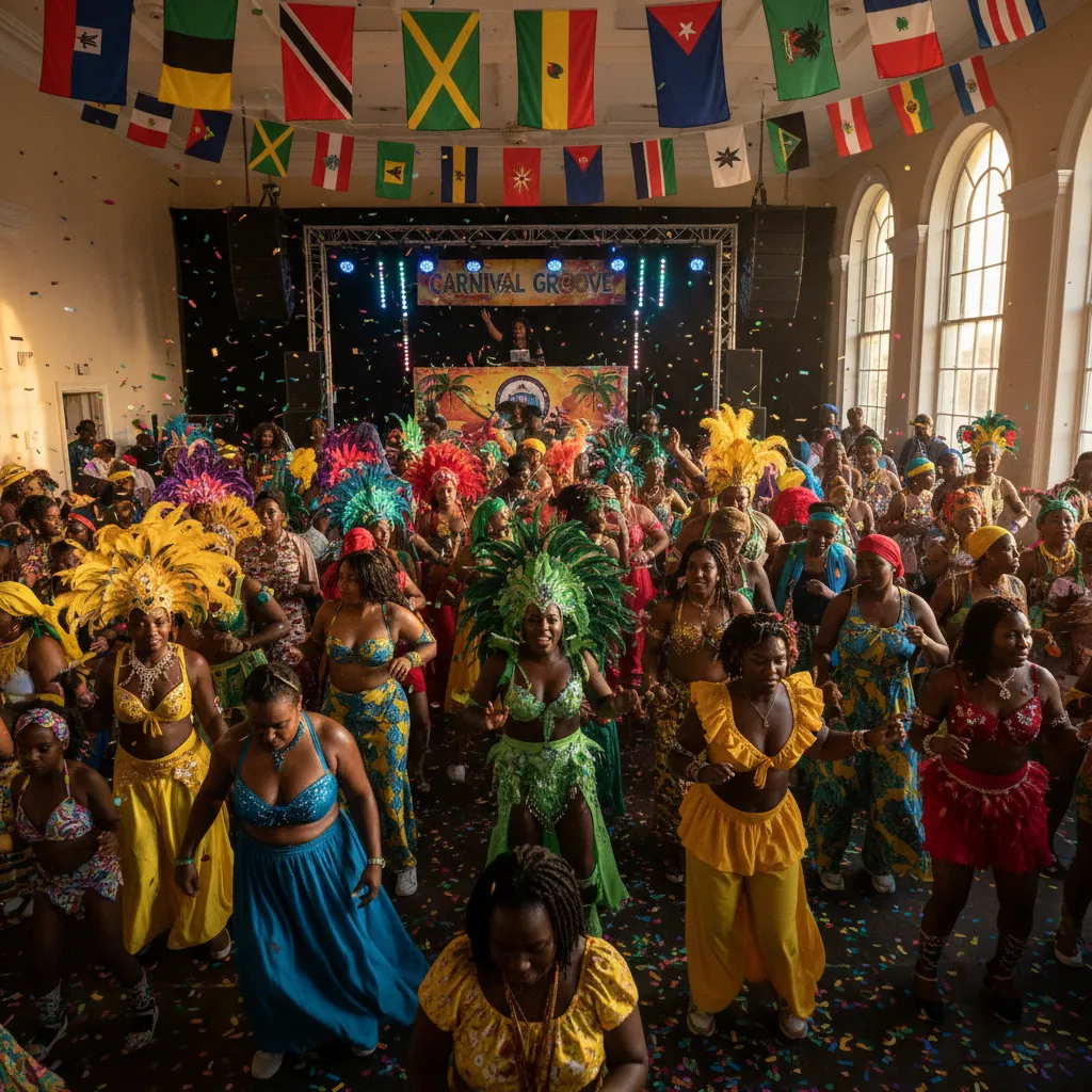 A vibrant, high-energy Caribbean Carnival party scene indoors, with Black people dancing joyfully in colorful outfits