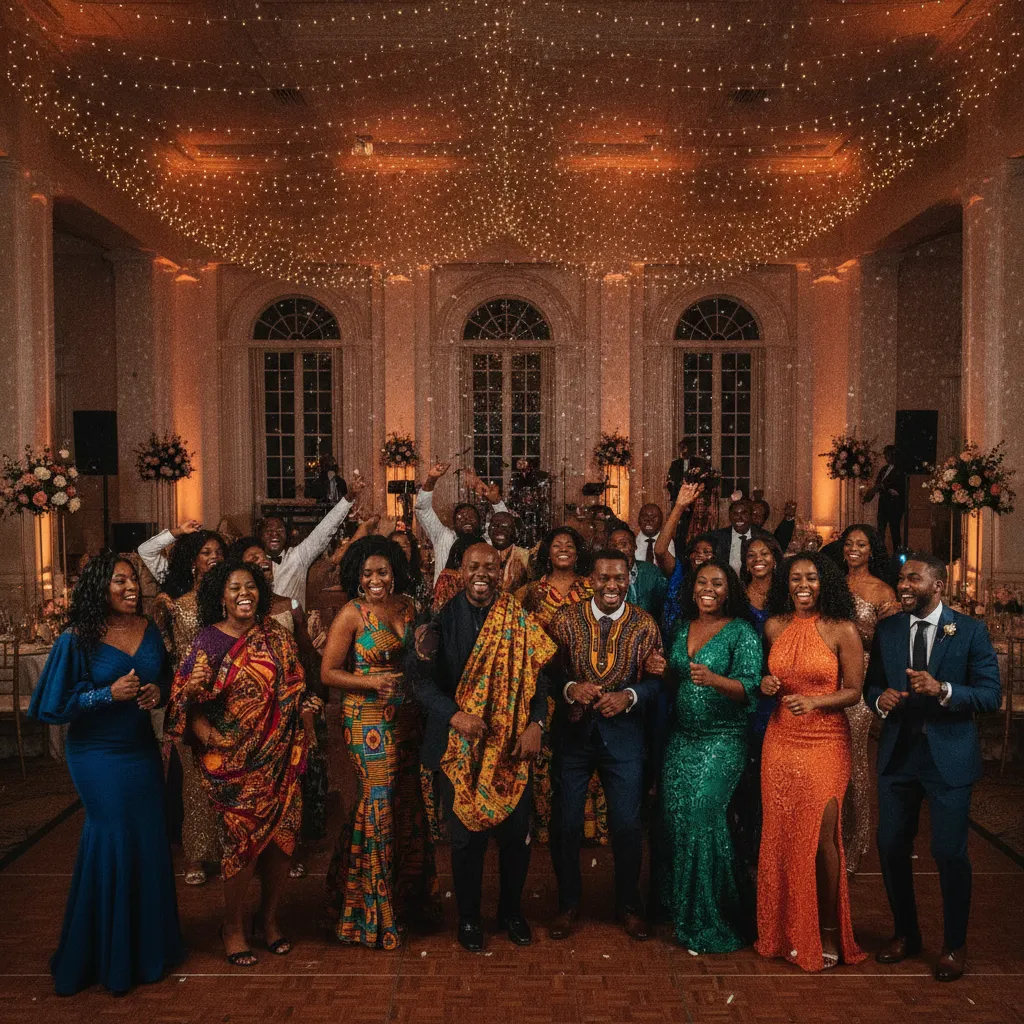 A diverse group of Black wedding guests, elegantly dressed in a mix of traditional African attire and modern suits/dresses. The atmosphere is joyous and vibrant