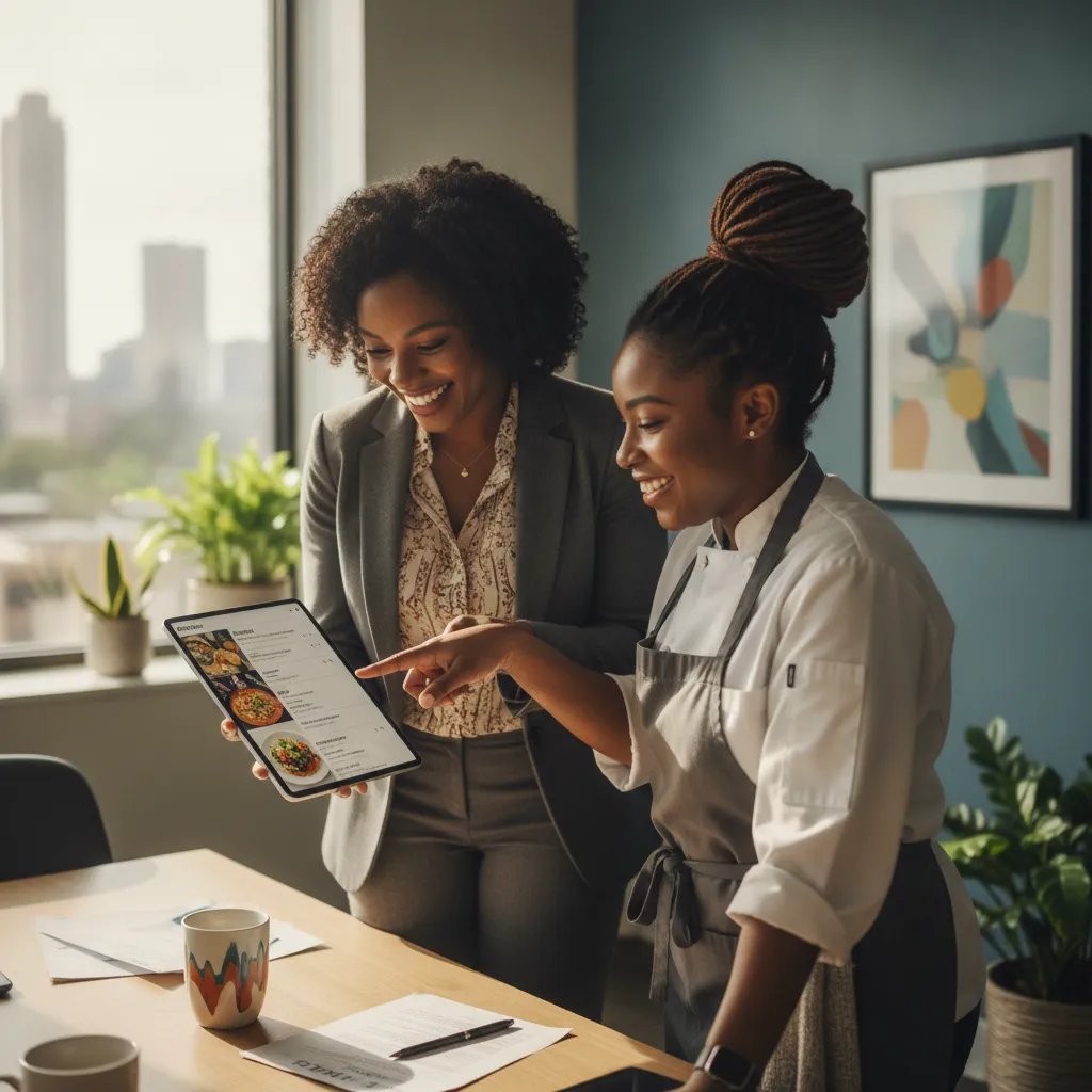 An African American event planner reviewing a catering contract with a smiling Black Caribbean caterer in a modern Atlanta office setting. They are looking at a tablet with menu options