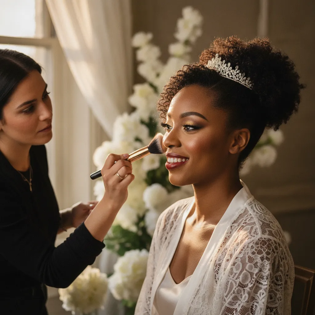 A vibrant, elegant African American bride with flawless, radiant makeup, smiling as a makeup artist applies a finishing touch with a brush in a brightly lit bridal suite